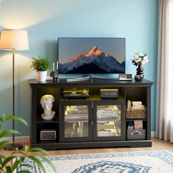 Innovar Modern TV Stand with LED Lights for 65 inch TV, Tall TV Cabinets with Storage & Adjustable Shelves, Entertainment Center with Glass Doors for Living Room and Bedroom