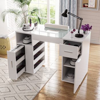 Advwin Manicure Table Nail Desk Station with Dust Collector, & Wrist Cushion, Acetone Resistant Nail Table with Wheels & Storage Cabinet
