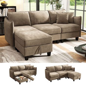 BedLuxury 84” Modular Sectional Sofa with Moveable Storage Ottoman, Cloud Couch Seats 4, Modern Living Room Furniture, Chenille