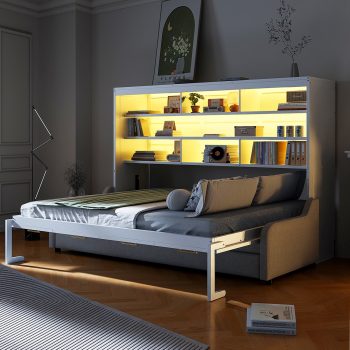 Euroco Size Murphy Bed with Storage Shelves and LED Light, Heavy Duty Wall Bed with Folding Sofa, Beige
