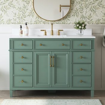Deluxe Living 48" Bathroom Vanity with Sink, Fully Assembled, Sea Green | Solid Wood Frame Vanity with Carrara White Stone Top & Backsplash, Ceramic Sink, and 6 Dovetail Soft-Close Drawers
