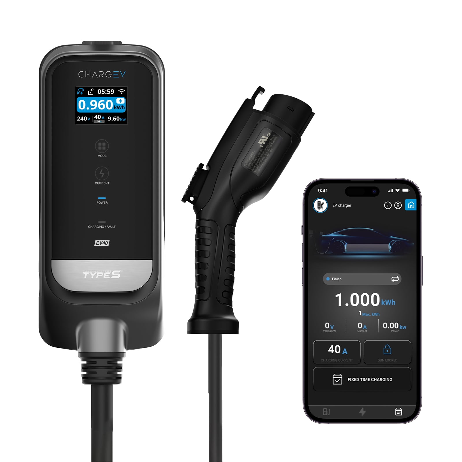 TYPE S 40A Home EV Charger – 240V Smart Charging Station, Adjustable Amps (8A-40A), App Control, J1772 Connector, 25ft Cable, Waterproof, NEMA 14-50 Plug – Fast Charging for All EVs & PHEVs