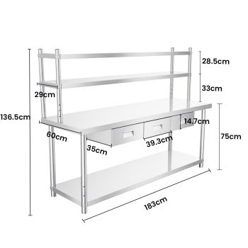 Utility Prep Station, Heavy Duty Bench, Commercial Work Tables, 3-Drawer Stainless Steel Work Table with Rust-Resistant Surface & Waterproof Top, 72" X 24" Worktable, NSF-Certified for Kitchen
