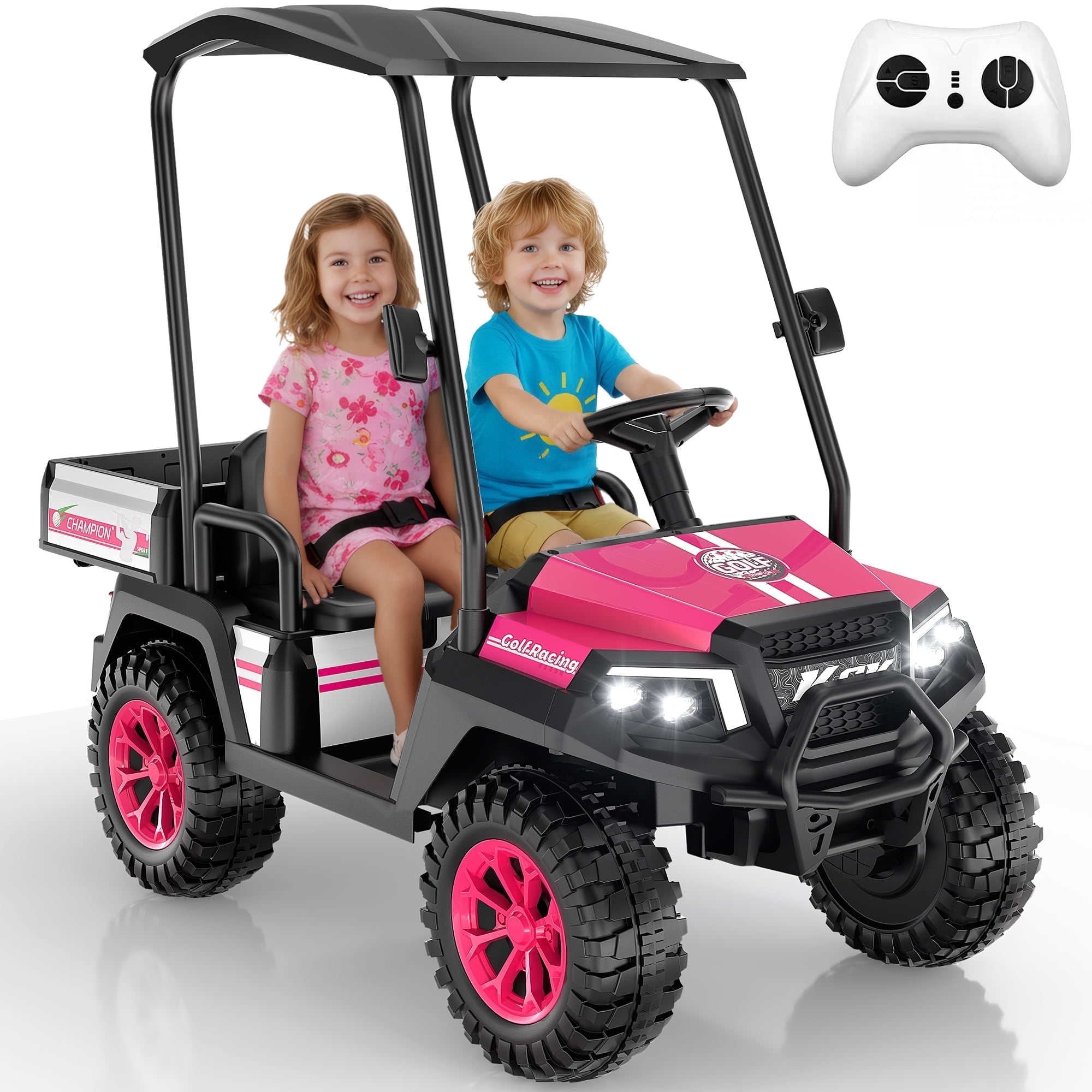 Kids Golf Cart, 24 Volt Ride on Cars, 4WD 2 Seater Electric Cars with Remote Control, Ride on Truck for Big Kids Ages 3-8, With Detachable Awning & Large Storage, 3 Speeds, Music, LED Lights