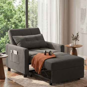 Sofa Bed Chair Convertible, Sleeper Chair with Pull-Out Bed, 3-in-1 Futon Couch with Reclining Backrest and Side Pocket, Dark Grey