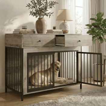 Waleaf 44 inch Dog Crate Furniture with Storage Drawers,Wooden Dog Kennel for Inside,Tables with Dog Crate for Large Medium Dogs
