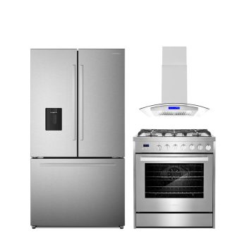 3 Piece Kitchen Package with 30" Freestanding Gas Range 30" Island Range Hood 36" French Door Refrigerator