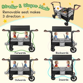 Rovique Foldable 2-Seater Wagon Stroller for Infant & Toddler, All-Terrain Travel Wagon with Canopy & Snack Tray