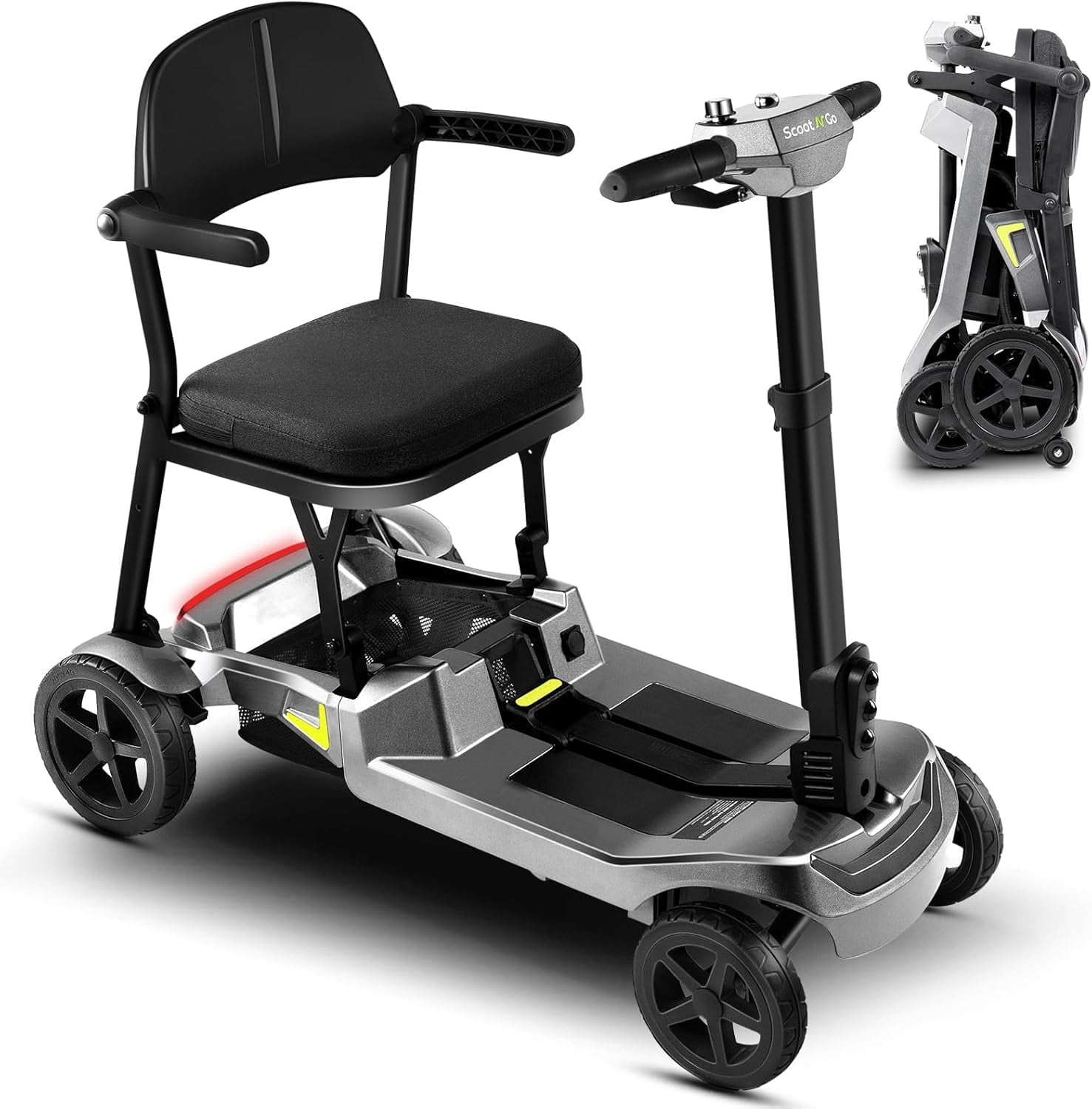 ScootNGo Lite 39 lbs Ultra-Lightweight Foldable Mobility Scooter for Seniors, 4-Wheel Electric Travel Scooter, Airline Approved, Silver