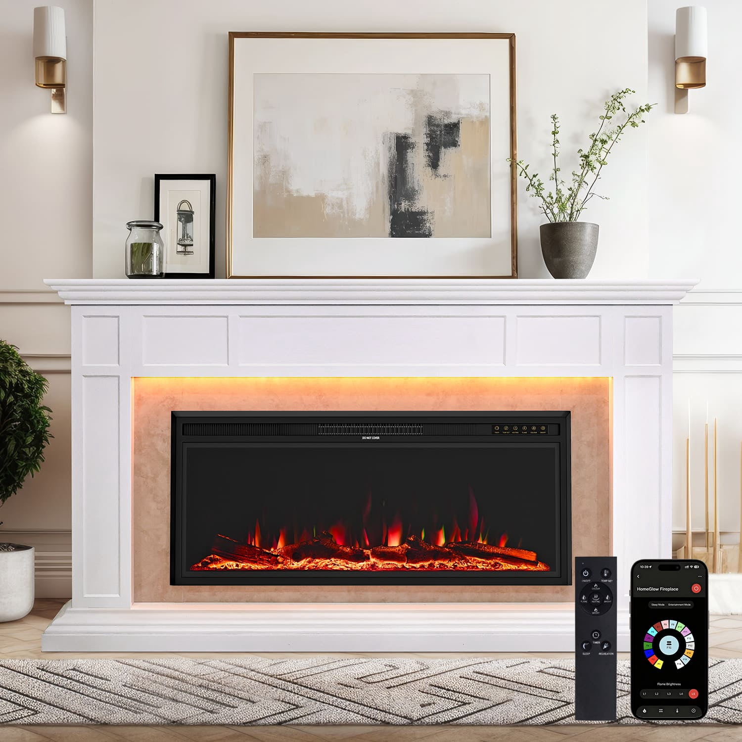 69 Inch Electric Fireplace with Mantel, Warm Faux Stone Media Console with 42" Heater, 15 LED Colors & 12 Flame Effects, Remote, 750/1500W, for Living Room Bedroom