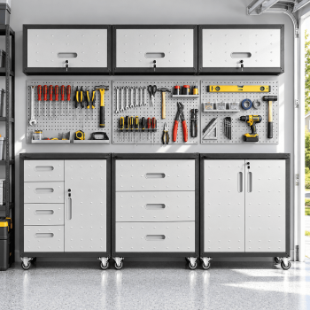 IKIMI 6-Piece Heavy Duty Garage Cabinet System with Workbench, Lockable Steel Storage Cabinets, Modular Tool Storage Organizer for Garage & Workshop