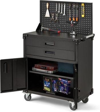 IdeaHouse 35" Tool Chest Cabinet Mobile Garage Workbench, Heavy-Duty Rolling Tool Cabinet with 2 Drawers, Pegboard, Adjustable Shelf & Durable Coated Steel for Workshop & Garage