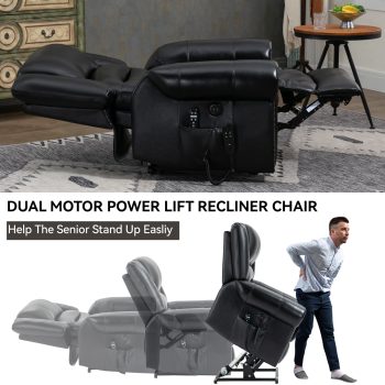 Dual Motor Heavy Duty Power Lift Recliner Chair with Massage & Heat, Genuine Leather Recliner with USB Ports for Elderly, 350 LBS Capacity