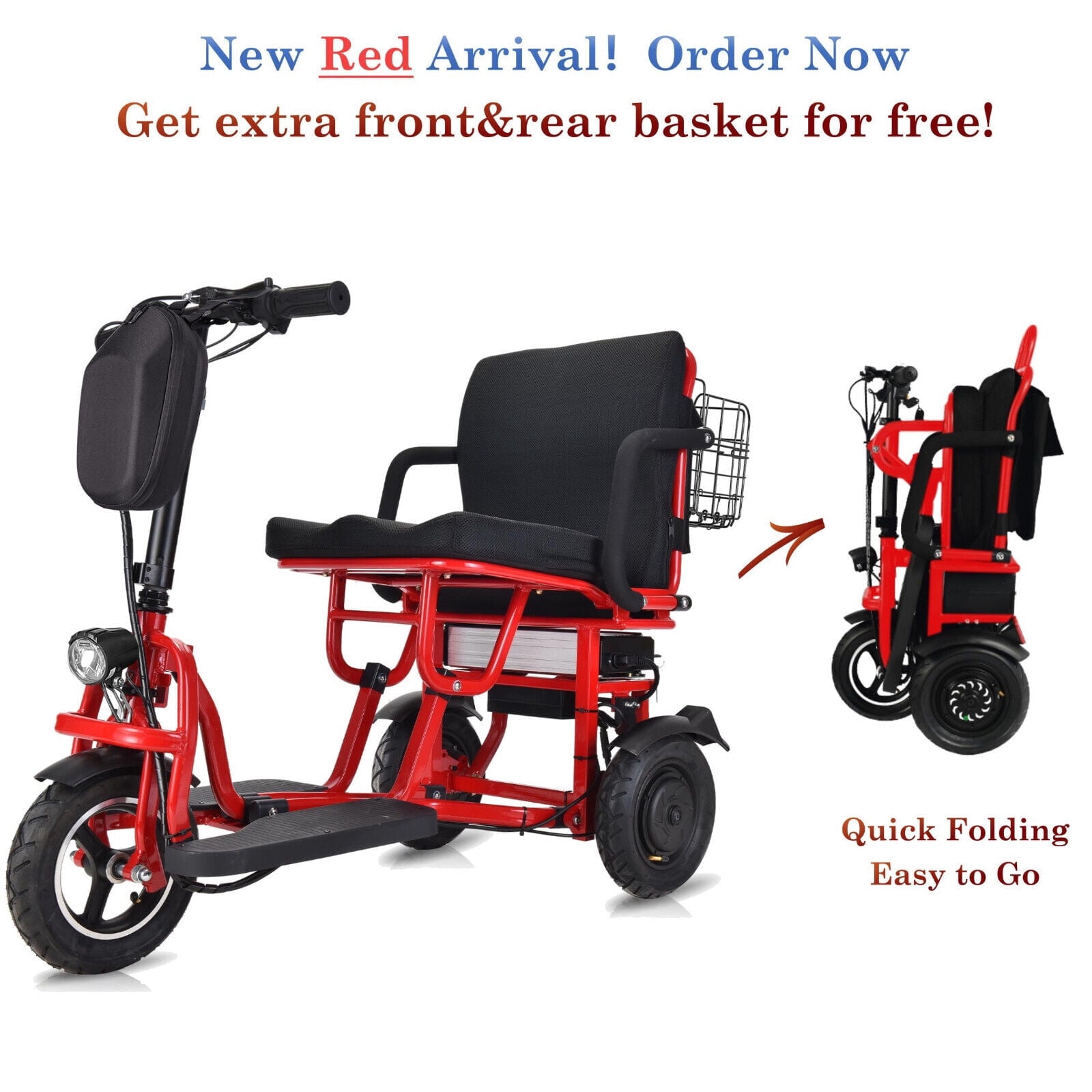 Mobility Scooter 3 Wheel w Lithium Battery 700W,20Miles,Light,Can be full folded, Red