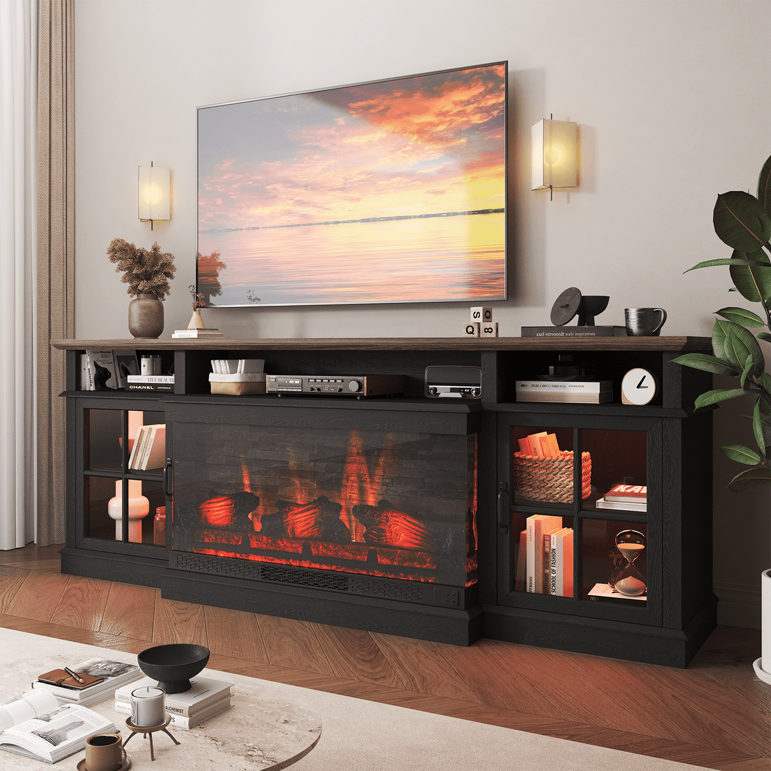 Sonegra Fireplace TV Stand for TVs up to 80" with Electric Fireplace, Farmhouse Entertainment Center with LED Lights and Glass Door, Modern TV Consoles for Living Room