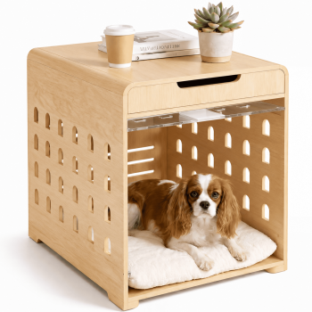Furnibear Modern Dog Crate Furniture with Charging Station, Multifunctional Side End Table Indoor Kennel with Hidden Door for Small Dogs Breeds up to 45lb,Oak