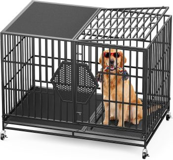 48'' Heavy Duty Dog Crates for Large Dogs, Dog Kennel Indoor | For High Anxiety Dog, Escape-Proof Dual Top Fences, Reinforced Square Tube Frame, Easy-Clean Split Floor, Extra-Wide Door