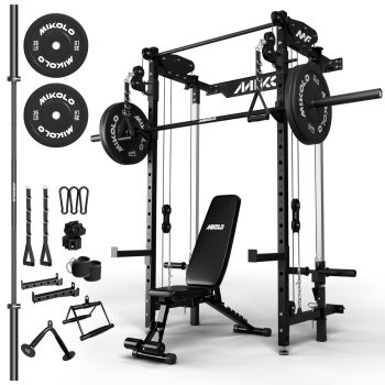 Mikolo Foldable Squat Rack, Wall Mounted Power Rack with Cable Crossover Machine & LAT Pull Down Machines, Functional Trainer with 5 Adjustable Function Modes, for Home Gym and Space Saving