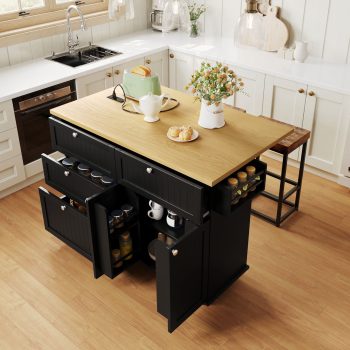 DTTRA 47" Farmhouse Kitchen Island Set with 2 Stools, Drop Leaf Table & Power Outlet