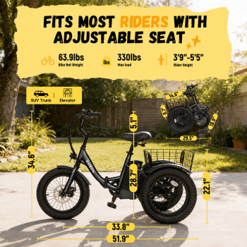 ESKUTE T300M Electric Tricycle for Beginners, Folding 3-Wheel E-Bike with 250W Motor, 302Wh Battery, 12 MPH, 16" x 3.0 Fat Tires, Step-Thru, UL2849