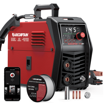 ARCCAPTAIN 145A MIG Welder, Smart APP Control 3-in-1 Gasless Flux Core/Stick/TIG Welding Machine with Synergic LED Display