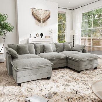 BedLuxury 111.5'' Modular Sectional Sofa with Movable Ottomans, U Shaped Cloud Couch for Living Room, Grey