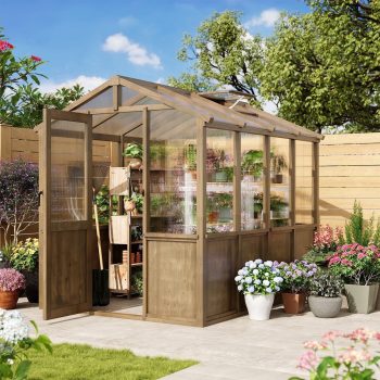 Dateyes 6x8 FT Wooden Greenhouse, Polycarbonate Panels with Automatic Roof Vent & Lockable Door, Outdoor Walk-in Garden Greenhouse, Gray