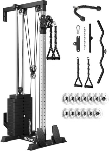 Wall Mount Cable Station with Aluminum Pulley, Cable Crossover Machine with Weight Stack and 33 Adjustable Positions, High & Low Dual Pulley System for Home Gym