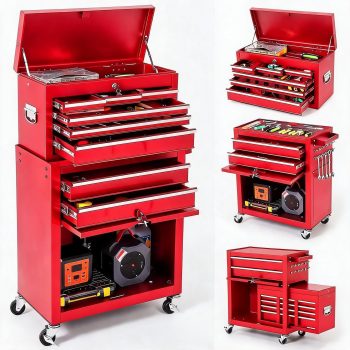 8-Drawer Rolling Tool Chest Cabinet – Large Metal Organizer with Detachable Top Box & Ball Bearing Slides – Garage/Workshop Storage –, Side Armrest, 3 Inch Wheels