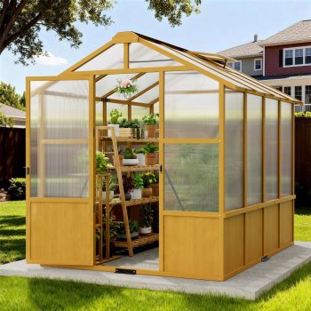 Sylviera 6x8ft Wooden Greenhouse with Pine Wood Frame & Polycarbonate Panels, Walk-In Outdoor Greenhouse with Reinforced Roof, Lockable Door & Roof Vents for Backyard Garden