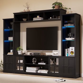 MEISSALIVVE 4 Piece Wall Unit TV Stand with LED Lights, Modern Entertainment Center with Bookshelf, Wine Cabinet, Display Storage, Fits 70" TVs