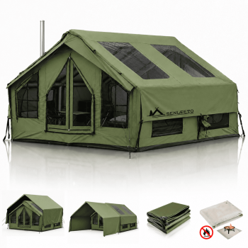 SENLEETO 4-6 Person Inflatable Tent, 129 SqFt Large Camping Tent with Stove Jack & AC Port 4 Season Portable Blow Up Tent with Mesh Windows, Air Pump Included Easy Setup for Family Glamping
