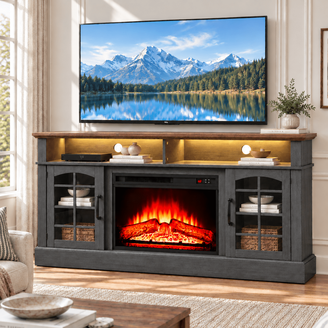 Paproos Fireplace TV Stand for 65 inch TV with LED Lights, 32.0in Tall TV Stand with 23'' Electric Fireplace, Entertainment Center for Living Room, 400 Sqt Heating Area, Brown Tabletop&Black Cabinet