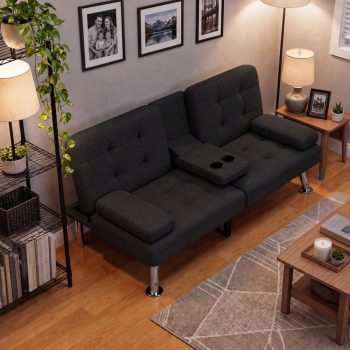 Lacoo Futon Sofa Bed, Linen Convertible Couch Sleeper Sofa, Cup Holders, Small Spaces