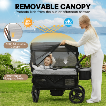 COFUNOK Stroller Wagon for 2 Kids, All-Terrain Foldable Kids Wagon Stroller with Removable Canopy, Mosquito Net, Snack Tray, Cup Holders & Storage Basket-Grey
