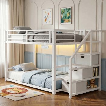 Twin Over Twin Bunk Bed with Storage Stairs, Movable Charging Station and LED Lights
