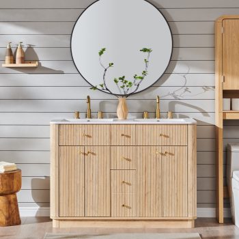 Keywhat 48" Bathroom Vanity with Sink, Modern Fluted Vanity with 2 Drawers & Storage Cabinet, Quick Assembly, Natural Oak