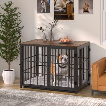 BingoPaw Medium Wooden Dog Crate Furniture Style Pet Cage Pet Kennel End Table with Three Doors and Removable Tray