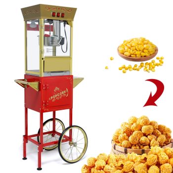 Enyopro Movie Theater Popcorn Machine with Cart, 850W Popcorn Cart with 12oz Stainless Steel Kettle, Red Popcorn Popper Machine with 3 Switch Control, 2 Wheels, 2 Shelves & Storage Cabinet for Party