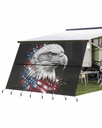 4th of July RV Awning Sun Shade Screen 9'X15.3' Patriotic Bald Eagle Mesh Sunscreen American Flag Ink Splatter Awning Shade Screen with Zipper UV Blocker Completed Kits for RV Motorhome Camper