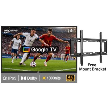 Pyimgus 55 inches outdoor TV, 1000nits Google TV, IP65 weatherproof TV, Waterproof TVs, 178° Viewing Angle outside Tvs for Partial Sun