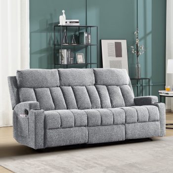Ebello Manual Recliner Sofa, Soft Fabric Overstuffed 3-Seat Reclining Couch with Cup Holders for Living Room & Home Theater, Light Gray