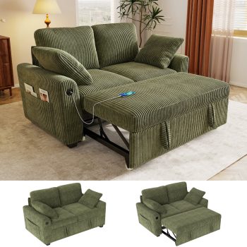 BedLuxury 59" Sleeper Loveseat With Pull Out Bed, Corduroy Sofa Bed With USB Charging for Small Spaces