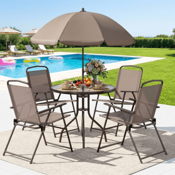 Arlopu 6pcs Outdoor Patio Dining Set, Patio Table & 4 Folding Textilene Chairs & 65″ Umbrella for Poolside Backyard Garden