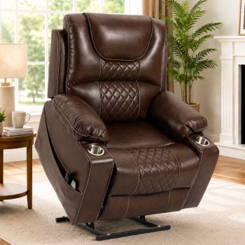 Lift Recliner for Elderly, LEGAHOME Electric Power Lift Chair with Heated and Massage, 26" Oversized PU Leather Recliner Chair with Cup Holders & Side Pockets up 400 lbs, Brown