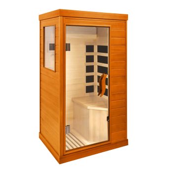 HomeMiYN 1 Person Far Infrared Sauna for Home, 800W Indoor Personal Sauna with 5 Heating Panels, Bluetooth Speaker, Tempered Glass Door, Control Panel, 110V UL Power Cord (Red-brown)