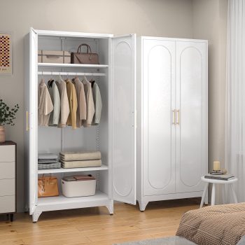 Polup 71" H Adult Metal Armoire Wardrobe Closet with Hanging Rod, Adjustable Shelves, White