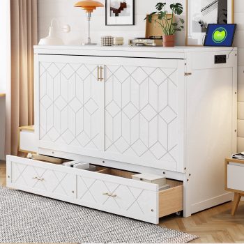 Queen Size Murphy Beds with drawer & USB Ports,Folding Storage Wall Bed Furniture for Bedroom,Office,Guest Room