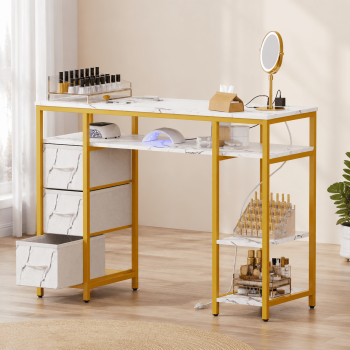 Doyolan Nail Desk, Manicure Table with Built-in Power Outlet, Marbling Texture Manicure Station with 3 Drawers, Nail Tech Desk for Beauty Salon Spa