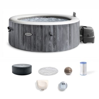Intex PureSpa Greywood Deluxe Spa Set, 140 Bubble Jet Hot Tub with Cover, 77" x 28"